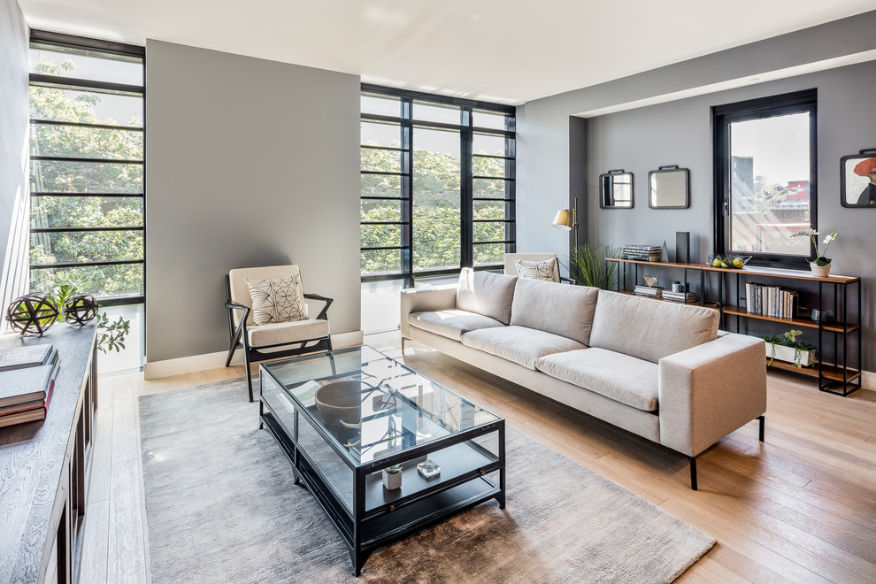 Offenes Modernes Wohnzimmer mit grauer Wandfarbe und hellem Holzboden in New York