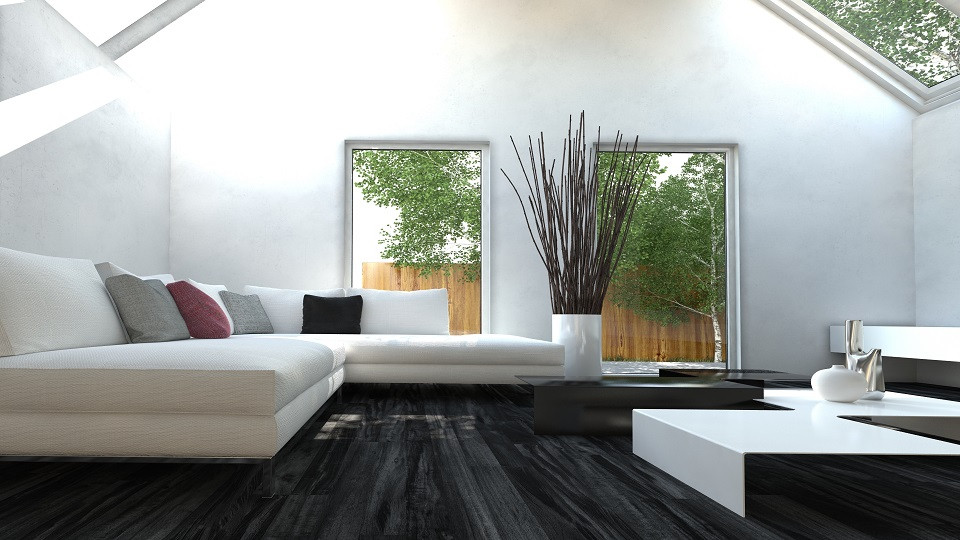 Living room - mid-sized modern enclosed vinyl floor and gray floor living room idea in Philadelphia