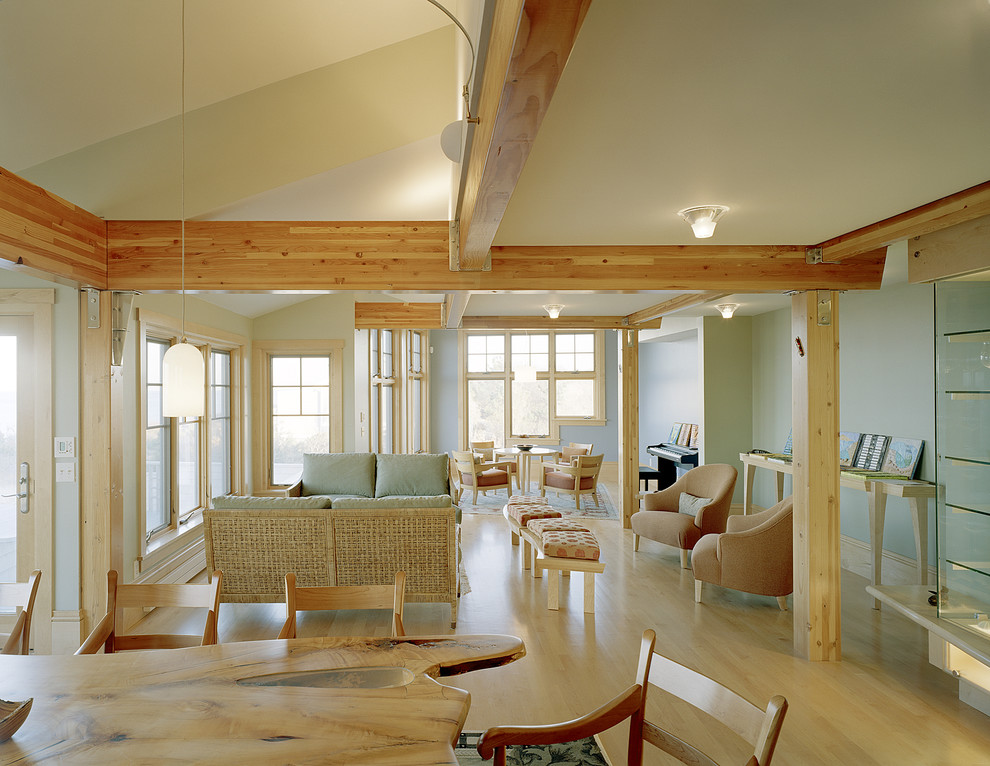 Inspiration for a huge coastal living room remodel in Boston with blue walls