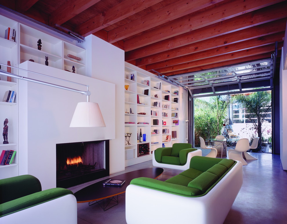 Cette photo montre un salon moderne avec une bibliothèque ou un coin lecture, sol en béton ciré et une cheminée standard.