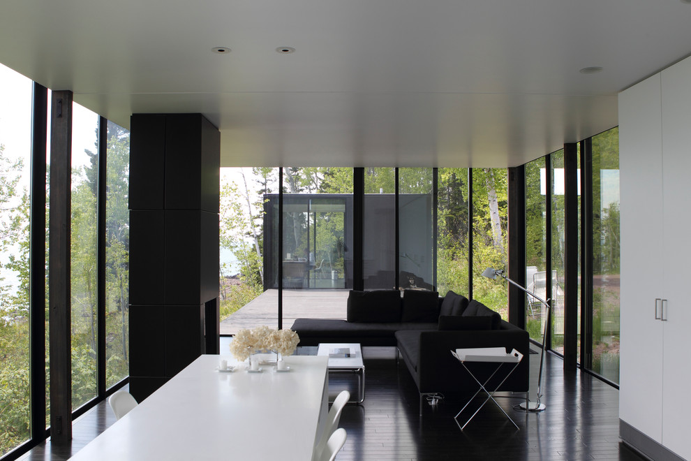 Idee per un soggiorno moderno con pareti bianche e pavimento nero