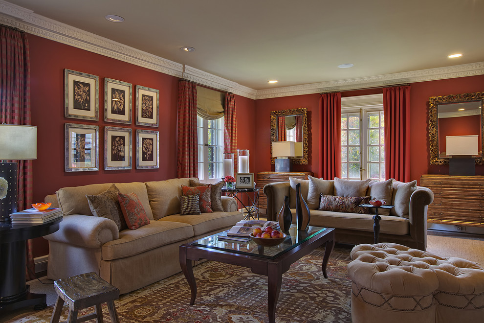 Свежая идея для дизайна: парадная гостиная комната в стиле фьюжн с красными стенами - отличное фото интерьера