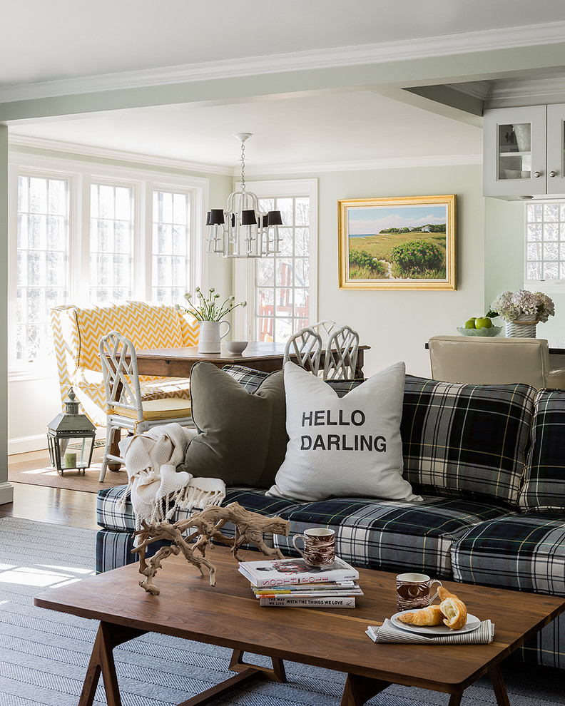 Trendy living room photo in Boston with white walls