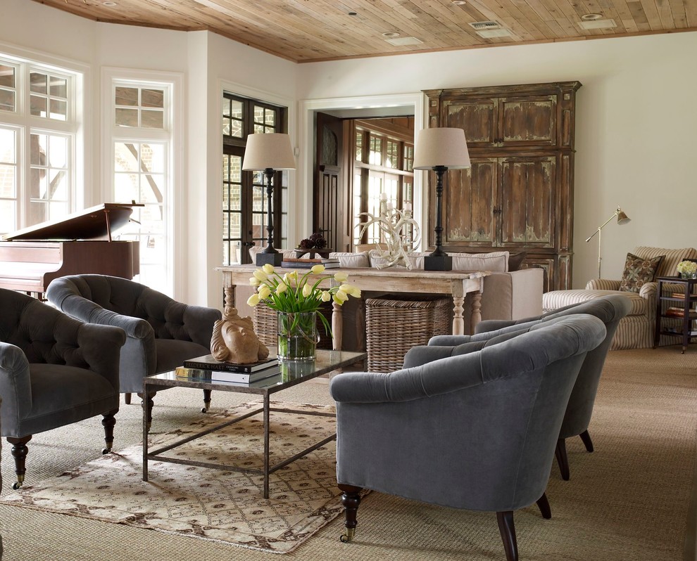 Inspiration for a large traditional formal living room in Houston with white walls and carpet.