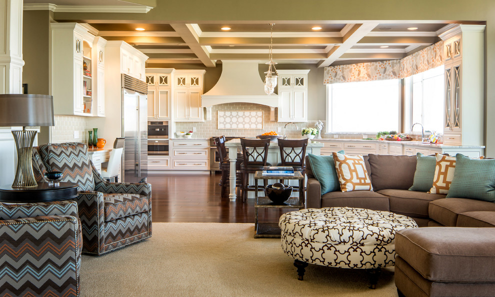 Photo of an expansive traditional formal open plan living room in Seattle with dark hardwood flooring and beige walls.