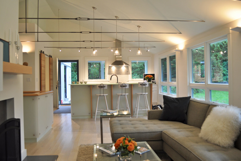 Foto di un soggiorno minimalista di medie dimensioni e aperto con pareti bianche, parquet chiaro, camino classico e cornice del camino in intonaco