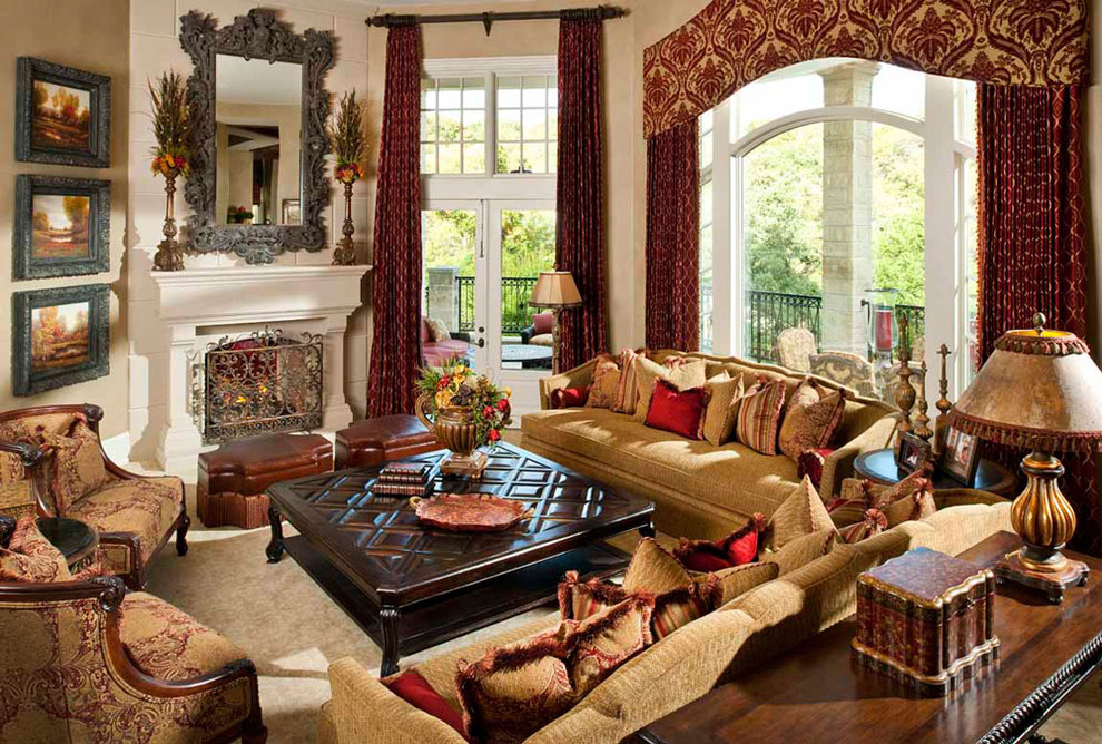 Large tuscan formal and open concept living room photo in Other with beige walls and a standard fireplace