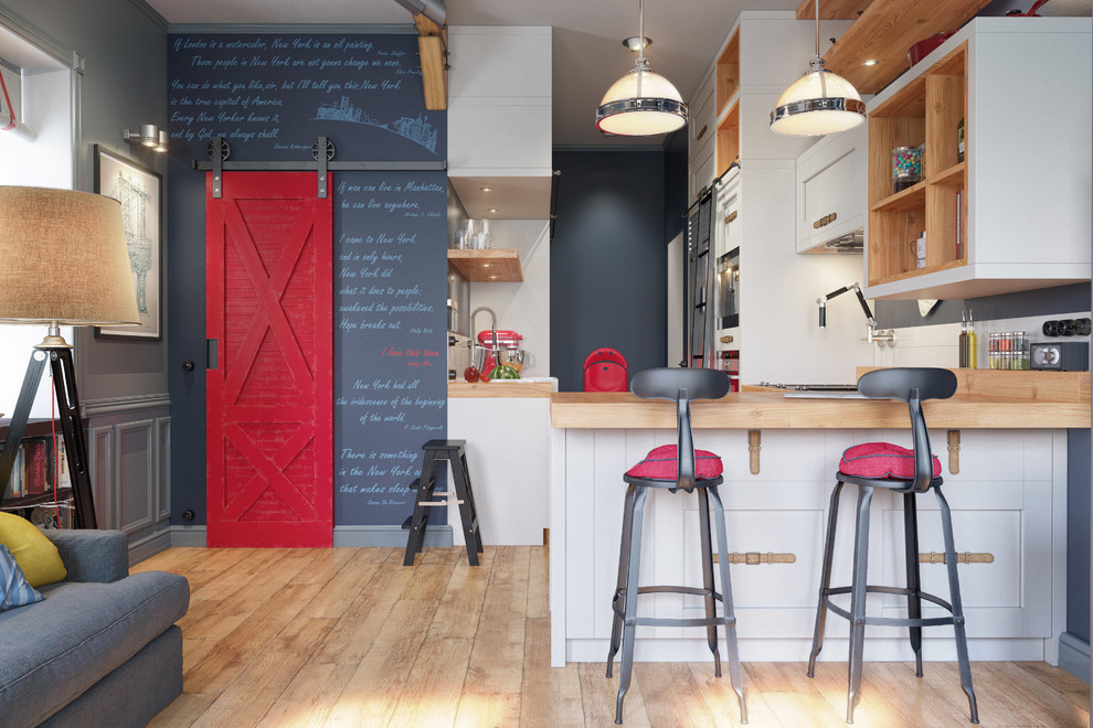 Kleines, Repräsentatives, Offenes Modernes Wohnzimmer ohne Kamin mit blauer Wandfarbe, hellem Holzboden und TV-Wand in New York