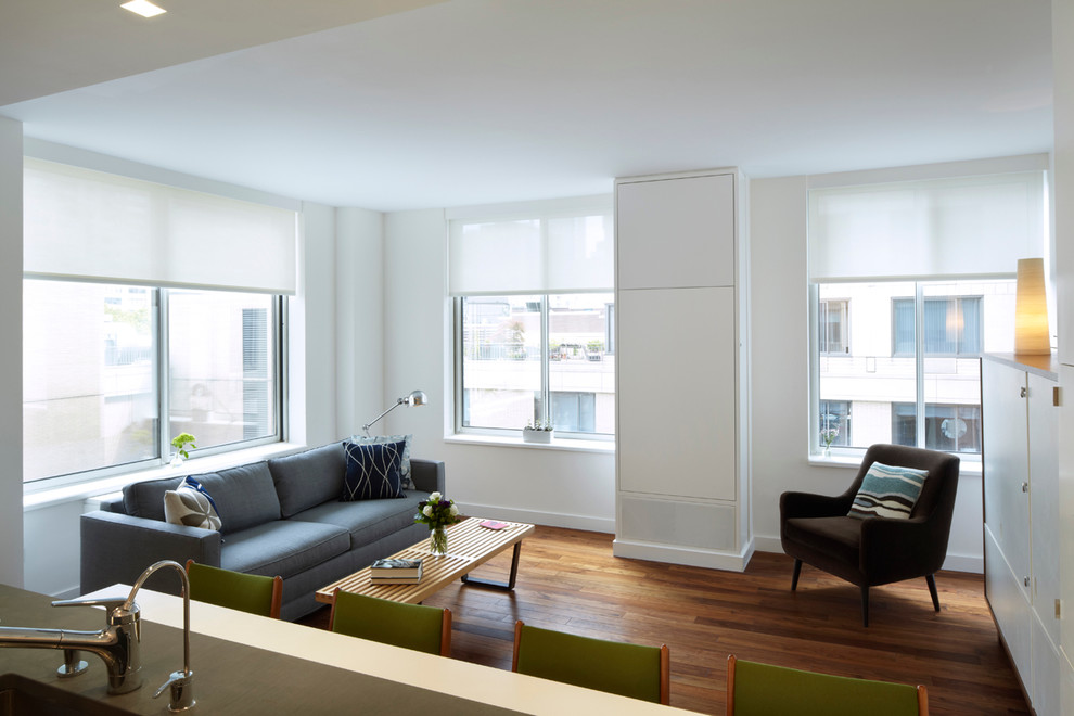 This is an example of a small modern living room in New York with white walls, medium hardwood flooring and a concealed tv.