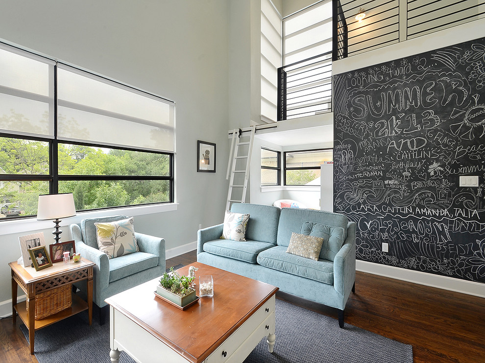 Inspiration for a contemporary living room in Austin with grey walls.