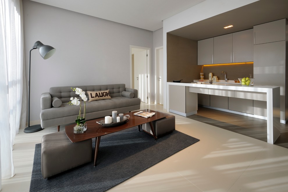 Cette image montre un salon design avec un mur gris.