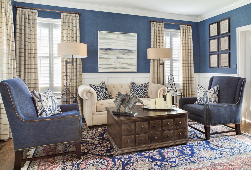 Medium sized classic enclosed living room in Philadelphia with blue walls, dark hardwood flooring and a dado rail.