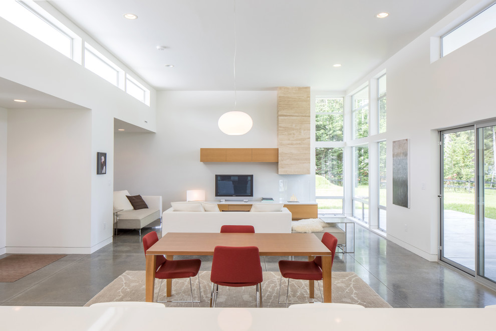 Diseño de salón abierto moderno de tamaño medio sin chimenea con paredes blancas, suelo de cemento, televisor independiente y suelo gris