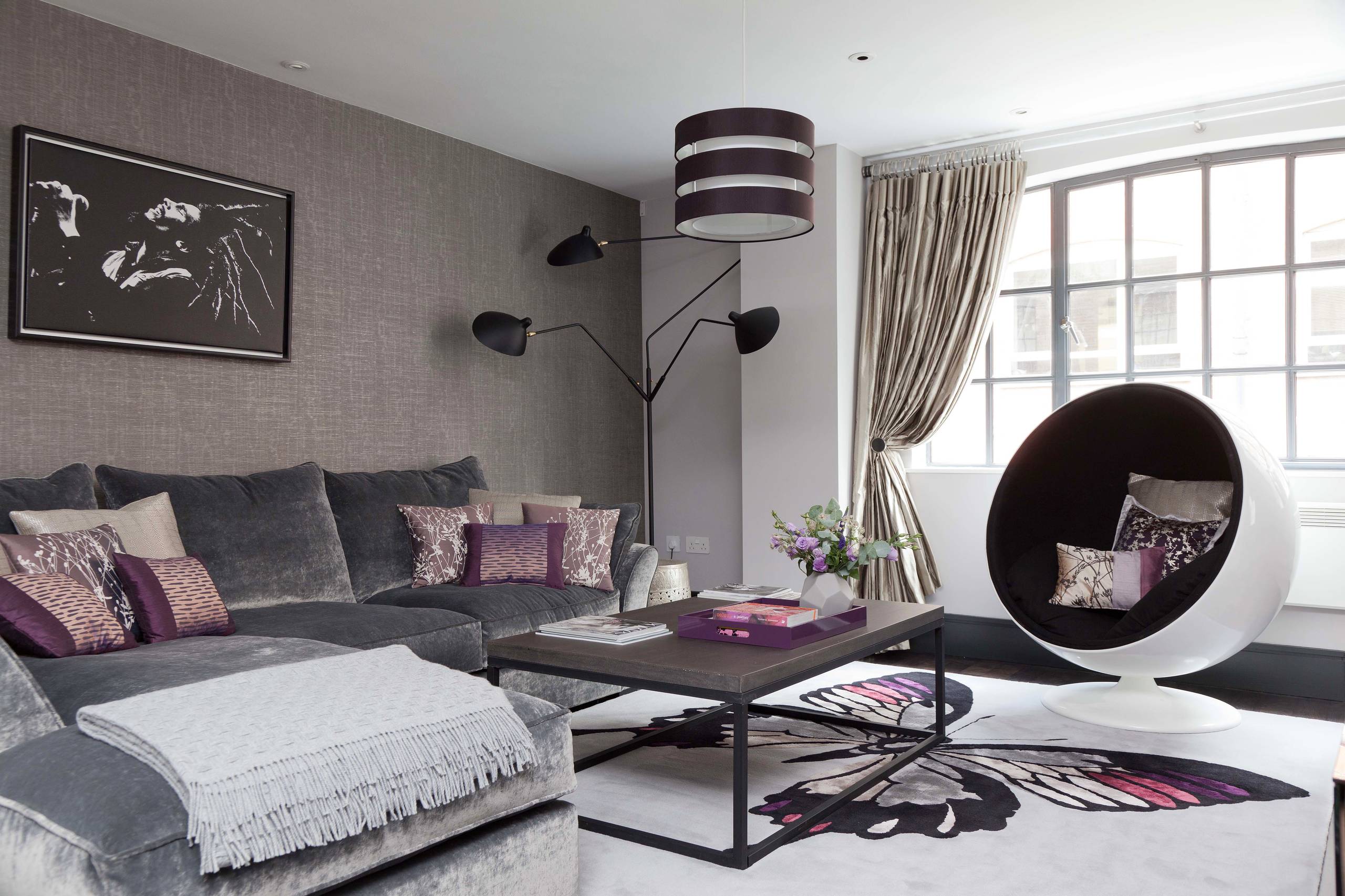 75 Purple Living Room With Gray Walls