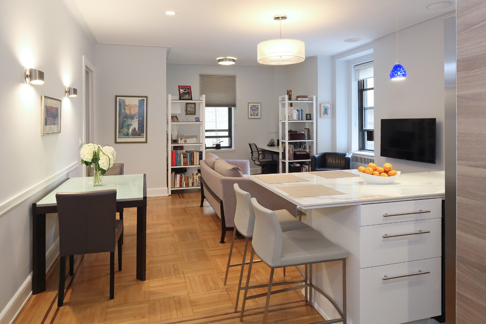 Kleines, Offenes Modernes Wohnzimmer mit blauer Wandfarbe, braunem Holzboden und TV-Wand in New York
