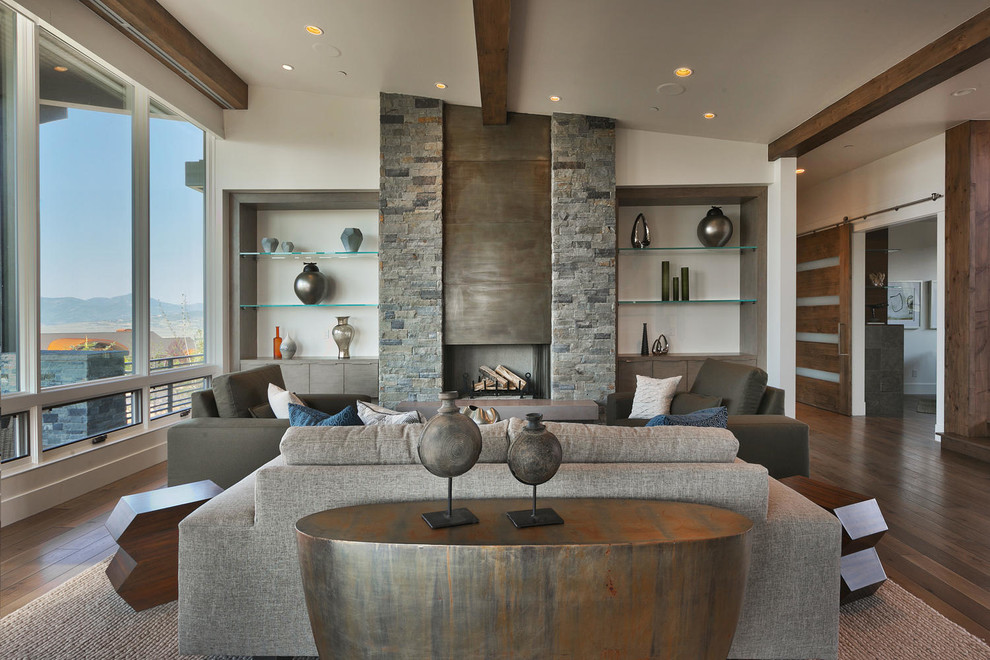 Mid-sized trendy formal and open concept dark wood floor living room photo in Salt Lake City with beige walls, a ribbon fireplace, no tv and a stone fireplace
