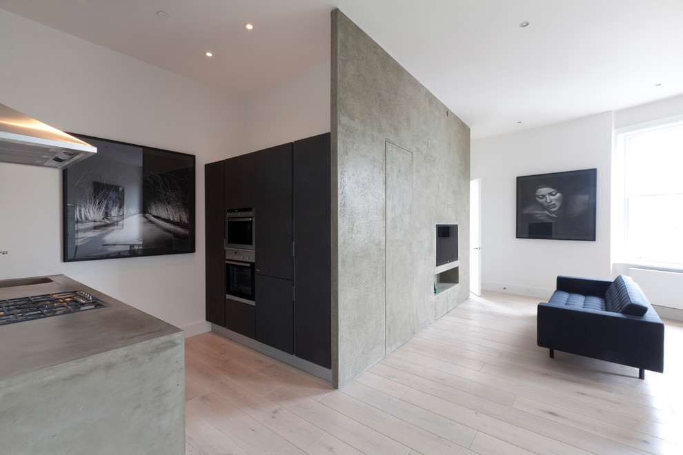 Modelo de salón moderno con paredes grises y suelo beige