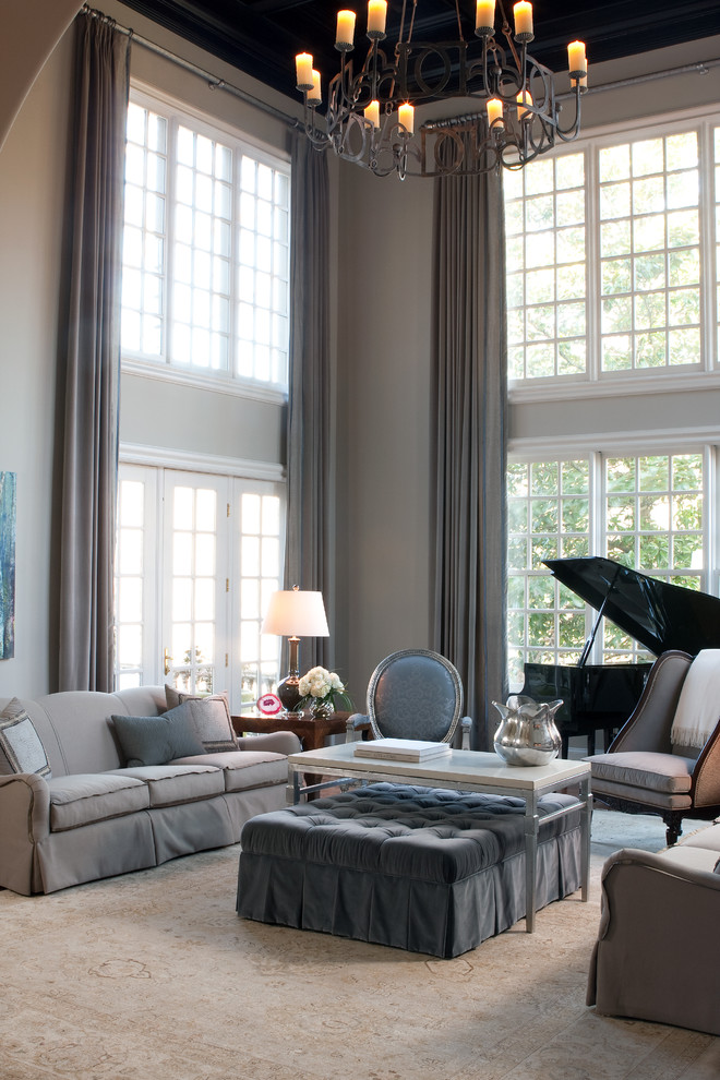 Modelo de salón con rincón musical clásico con paredes grises