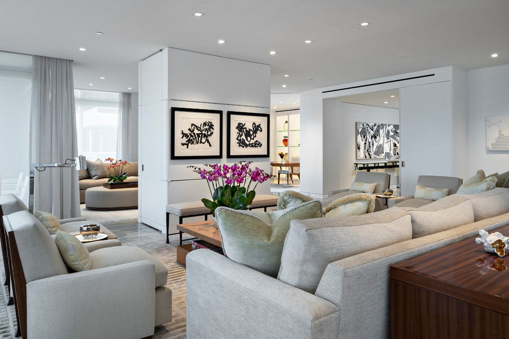 Идея дизайна: парадная, открытая гостиная комната среднего размера в современном стиле с белыми стенами и серым полом без камина, телевизора