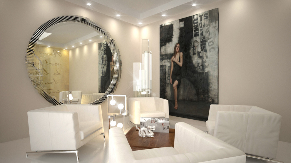 Diseño de salón para visitas abierto actual grande con paredes beige, suelo de baldosas de cerámica, chimenea lineal y pared multimedia