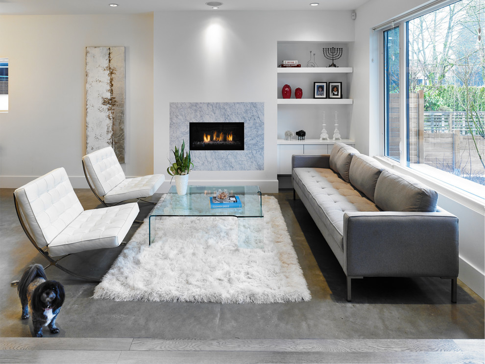 Inspiration for a small contemporary formal open plan living room in Vancouver with white walls, concrete flooring, a ribbon fireplace, a tiled fireplace surround and no tv.