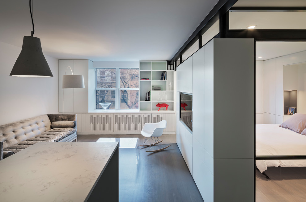 Immagine di un piccolo soggiorno moderno aperto con pareti bianche, parquet chiaro, parete attrezzata e pavimento grigio