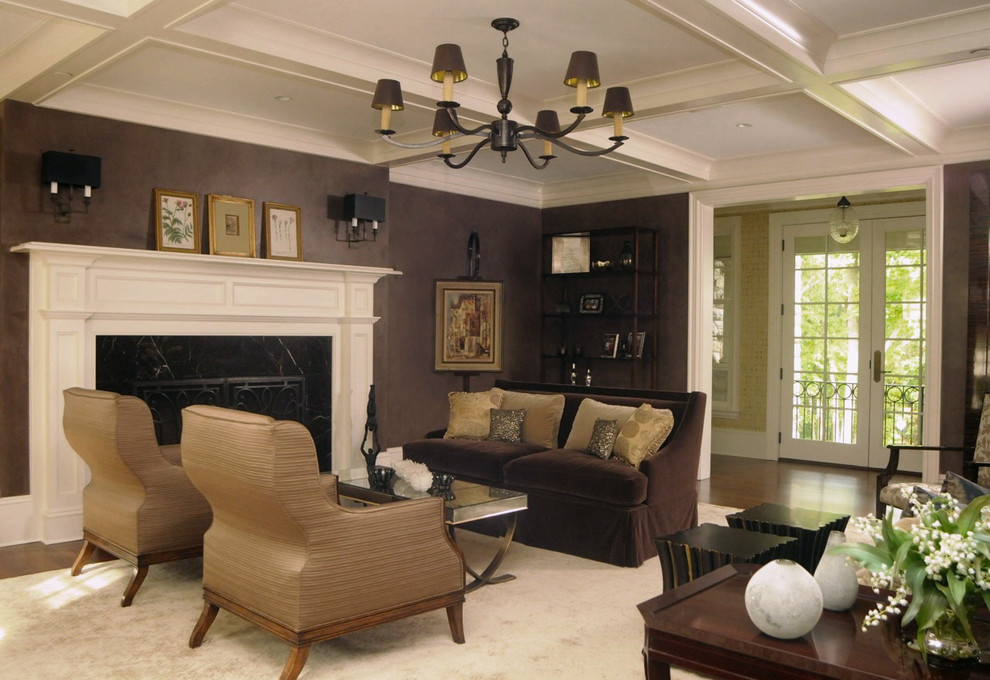 Living room - large transitional formal and enclosed dark wood floor living room idea in New York with a standard fireplace, a plaster fireplace, no tv and brown walls