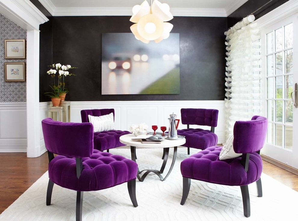 Inspiration for a small contemporary living room remodel in New York with black walls and no fireplace