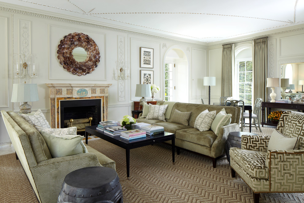 Inspiration for a large timeless formal and enclosed carpeted living room remodel in New York with white walls, a standard fireplace, a stone fireplace and no tv