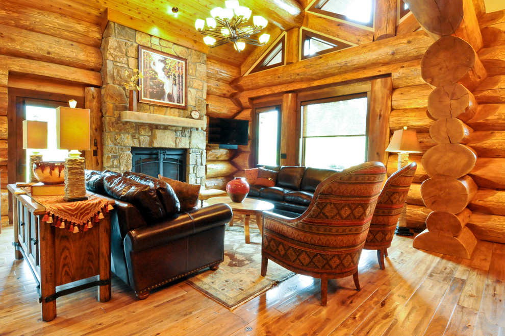 Western Red Cedar Ranch Style Log Home Rustic Living Room Denver