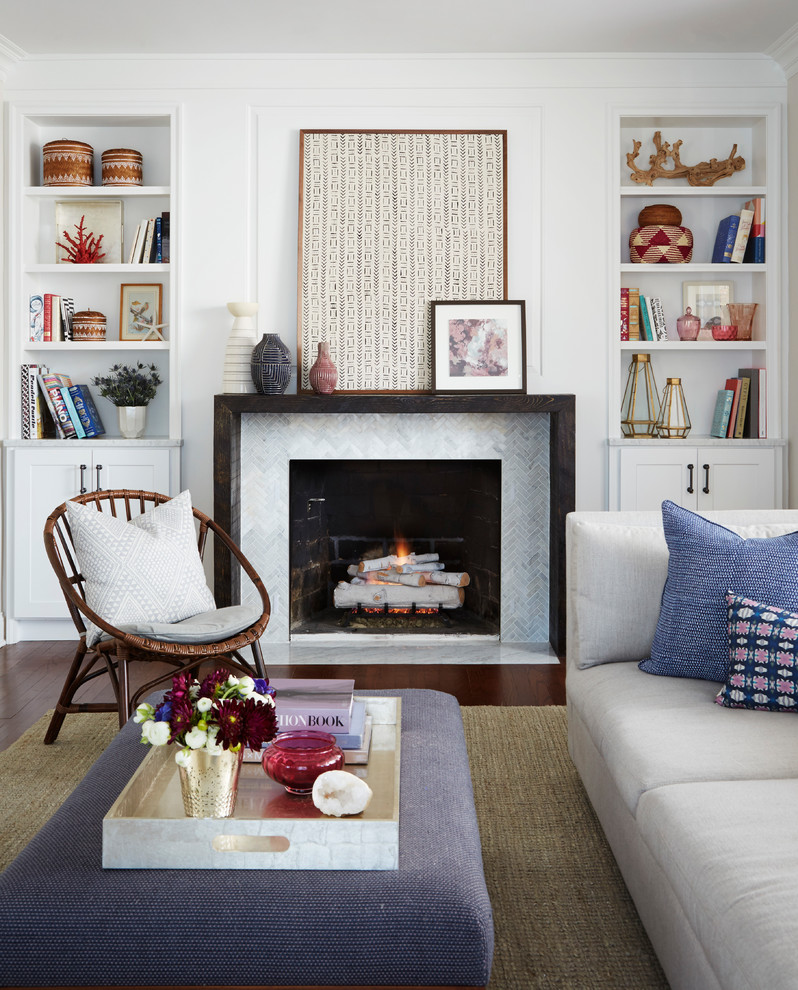 Transitional dark wood floor and brown floor living room photo in Chicago with white walls, a standard fireplace and a tile fireplace