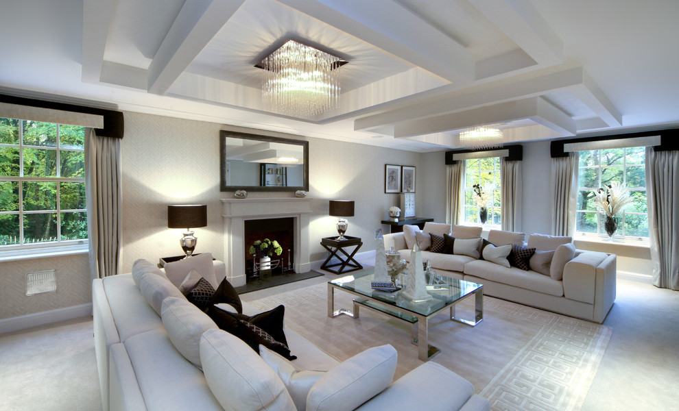 Large trendy formal and enclosed carpeted living room photo in London with white walls, a stone fireplace, no tv and a standard fireplace