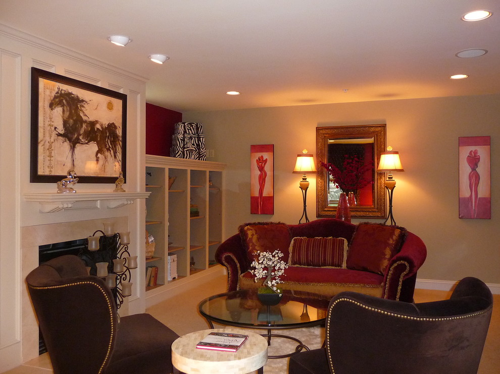 Photo of a medium sized bohemian formal enclosed living room in Boston with beige walls, carpet, a standard fireplace, a stone fireplace surround and no tv.