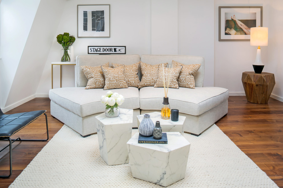 Living room - mid-sized contemporary medium tone wood floor living room idea in London
