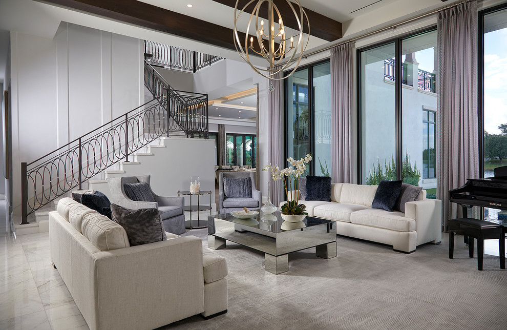 Idee per un soggiorno tradizionale aperto con sala formale, pareti bianche e pavimento grigio