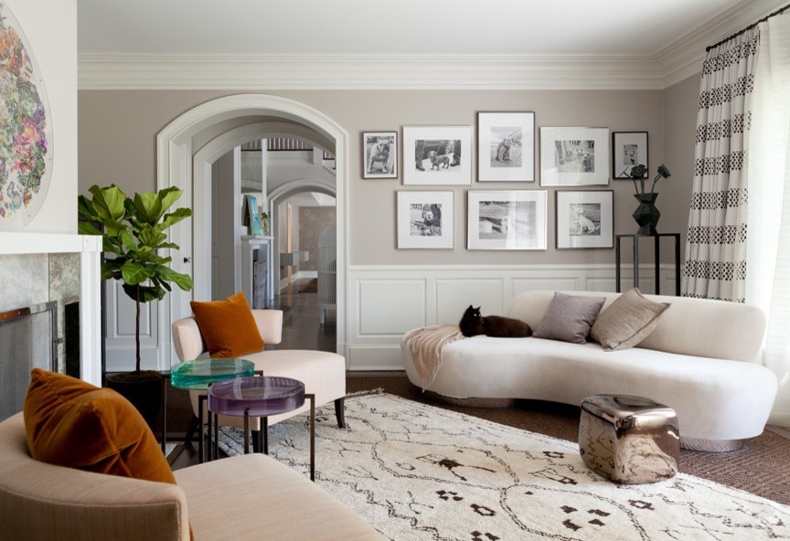 Источник вдохновения для домашнего уюта: огромная гостиная комната в стиле неоклассика (современная классика) с белыми стенами и стандартным камином