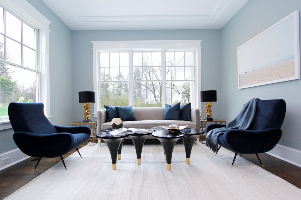Inspiration for a transitional dark wood floor and brown floor living room remodel in New York with blue walls