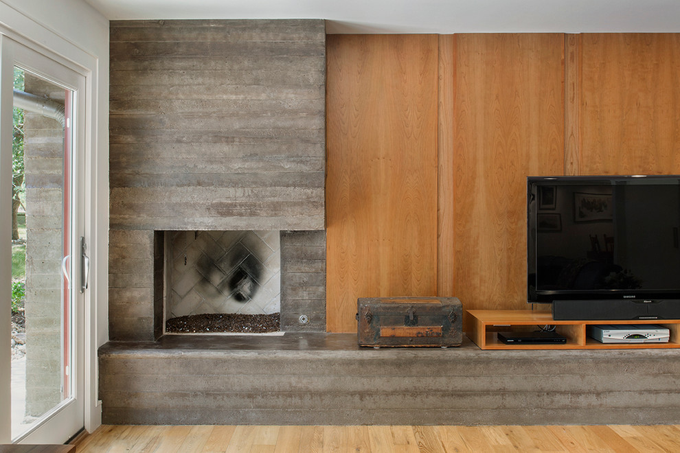 オースティンにあるトランジショナルスタイルのおしゃれなLDK (マルチカラーの壁、淡色無垢フローリング、コーナー設置型暖炉、コンクリートの暖炉まわり、据え置き型テレビ) の写真