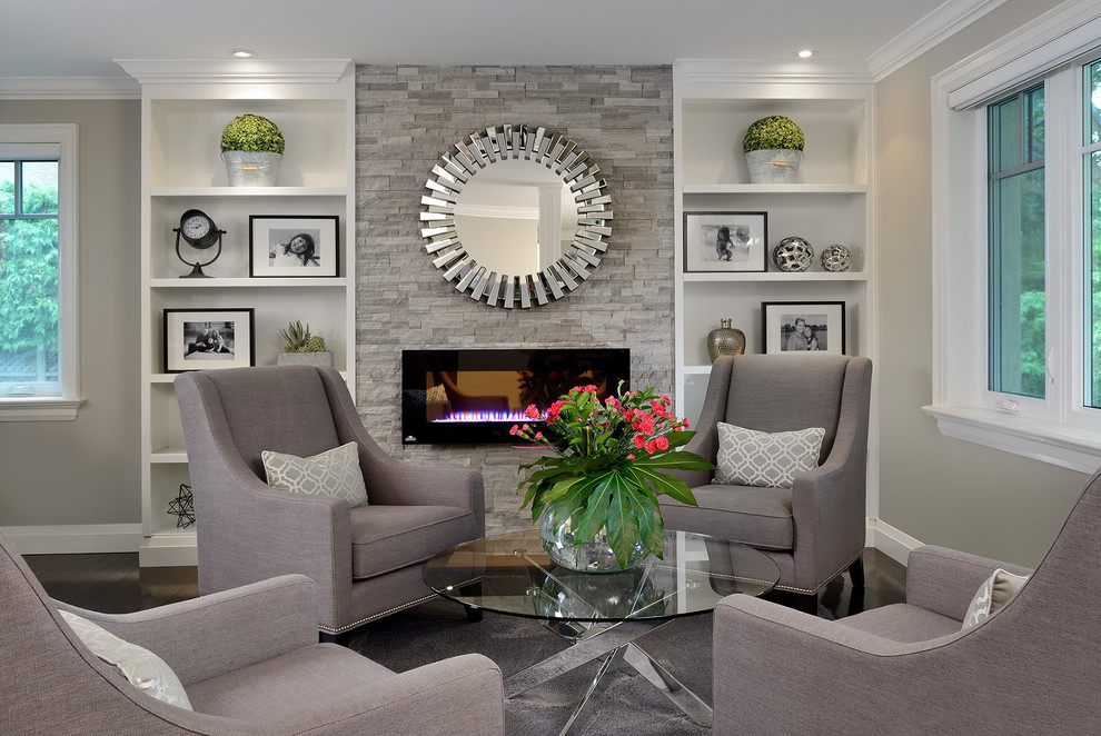 Design ideas for a small classic living room in Toronto with grey walls, dark hardwood flooring and a stone fireplace surround.