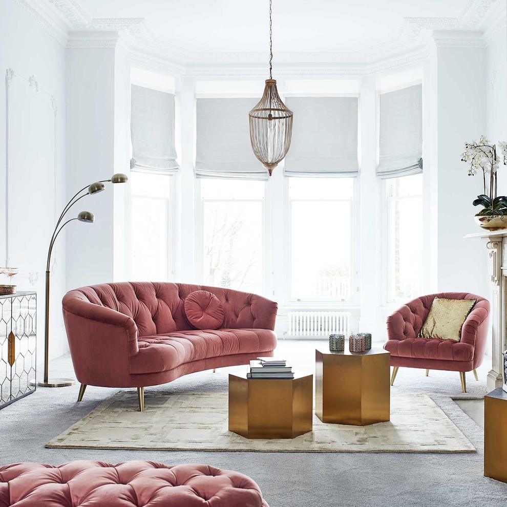 Design ideas for a retro living room with grey walls.