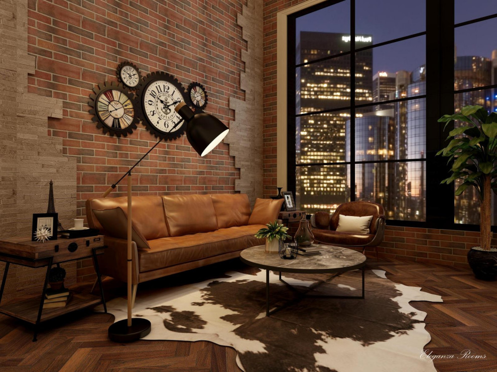 Design ideas for an industrial mezzanine living room in Los Angeles with multi-coloured walls, dark hardwood flooring and brown floors.