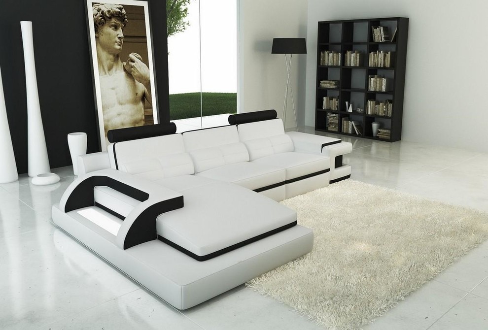 White and Black Sectional Sofa with Headrests Modern Living Room