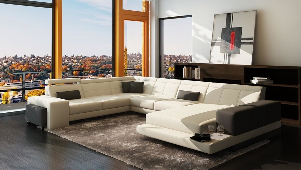 White and Gray Bonded Leather Sectional Sofa with Ottoman - Modern ...