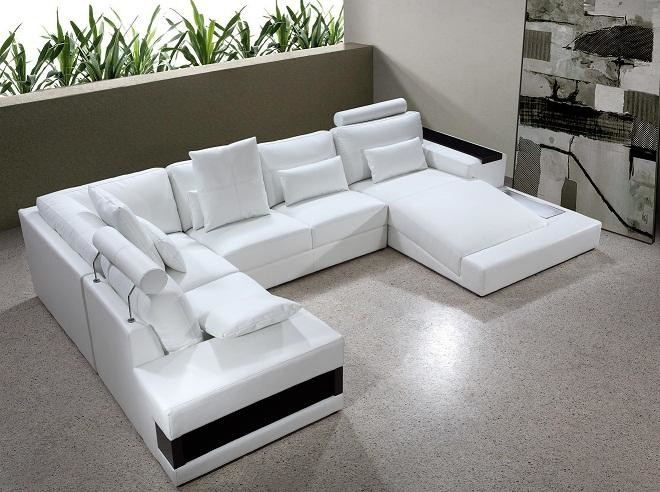 White Bonded Leather Sectional Sofa, Modern White Leather Sectional Sofa With Built In Light