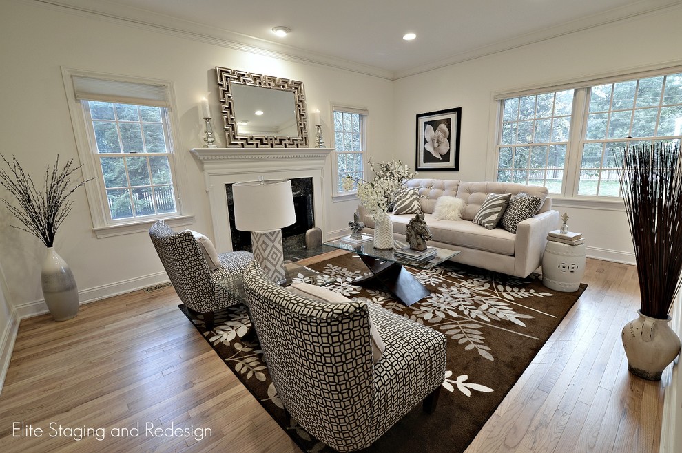 Mid-sized transitional formal and enclosed light wood floor living room photo in New York with a standard fireplace and a stone fireplace