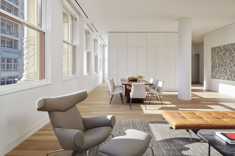 Photo of a modern living room in New York with light hardwood flooring and white floors.