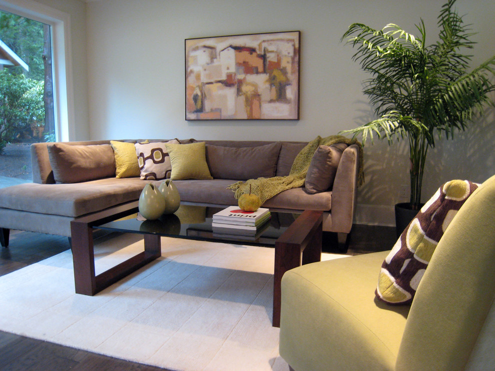Living room - contemporary dark wood floor living room idea in Vancouver with white walls