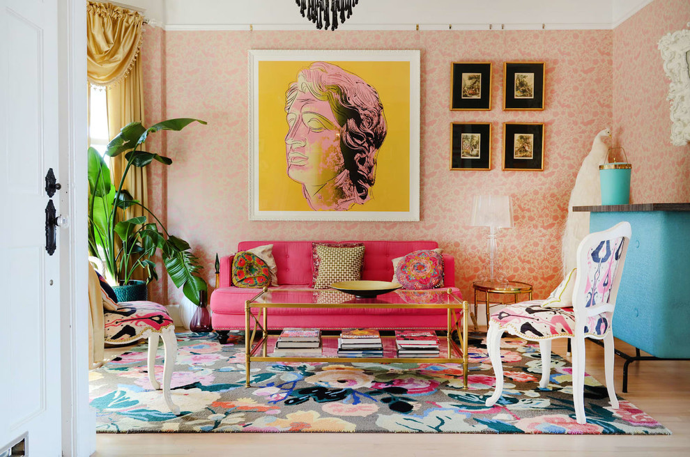 Inspiration for a medium sized bohemian formal living room in San Francisco with pink walls, light hardwood flooring, no fireplace and no tv.
