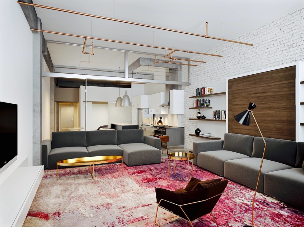 Inspiration for a medium sized contemporary open plan living room in New York with multi-coloured walls, carpet, no fireplace, a wall mounted tv and brown floors.