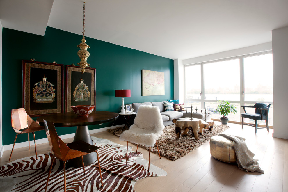 Mid-sized trendy formal and open concept light wood floor living room photo in New York with green walls